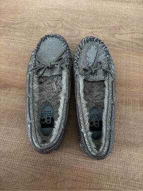 BC Footwear Silver Sequin Faux Fur Moccasin Slippers
